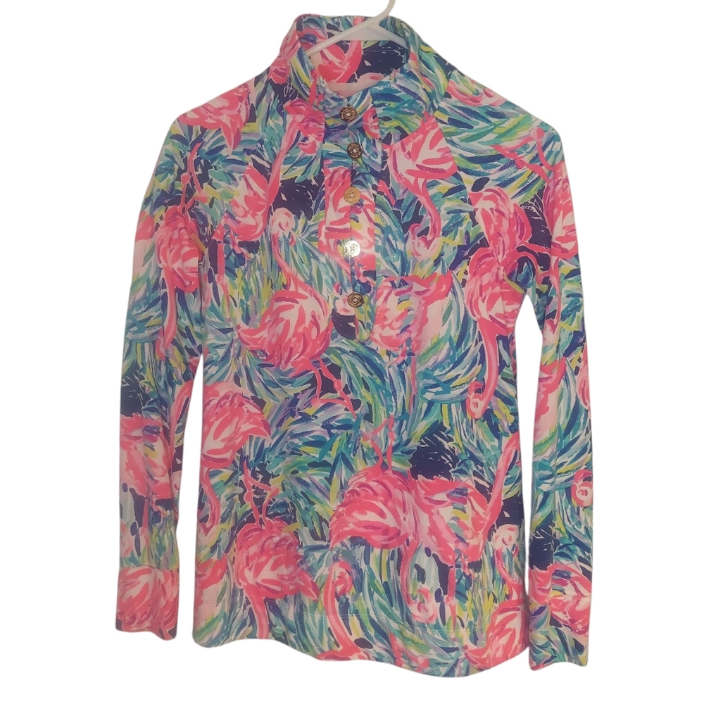 Lilly Pulitzer Skipper Oasis Popover Shirt Flamingos EUC Size XS